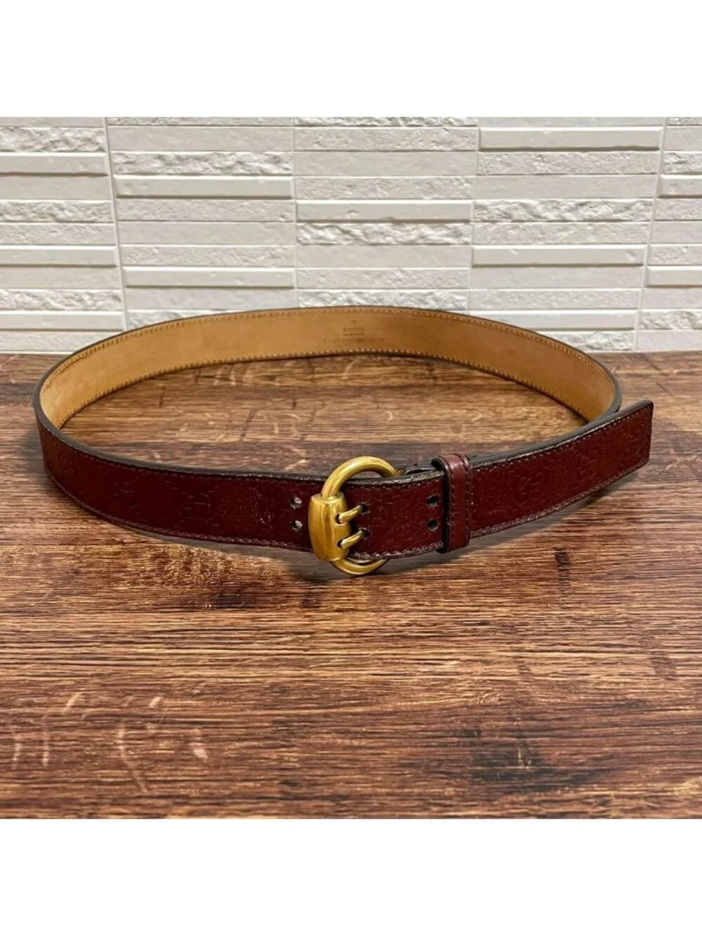 Gucci GG Guccissima Buckle Belt Gold Leather Bordeaux
